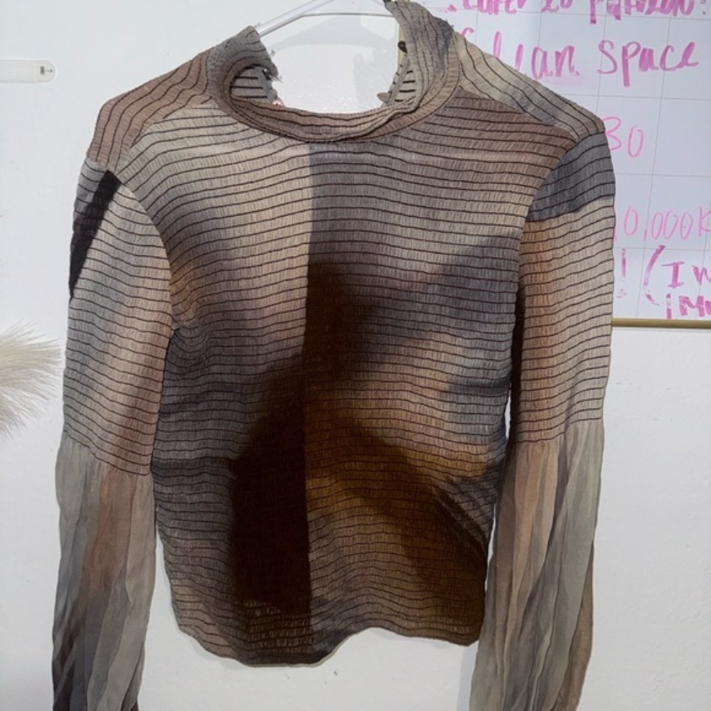 Scanlan Theodore 100% Silk Ombré Ruched Sheer Sleeve Top